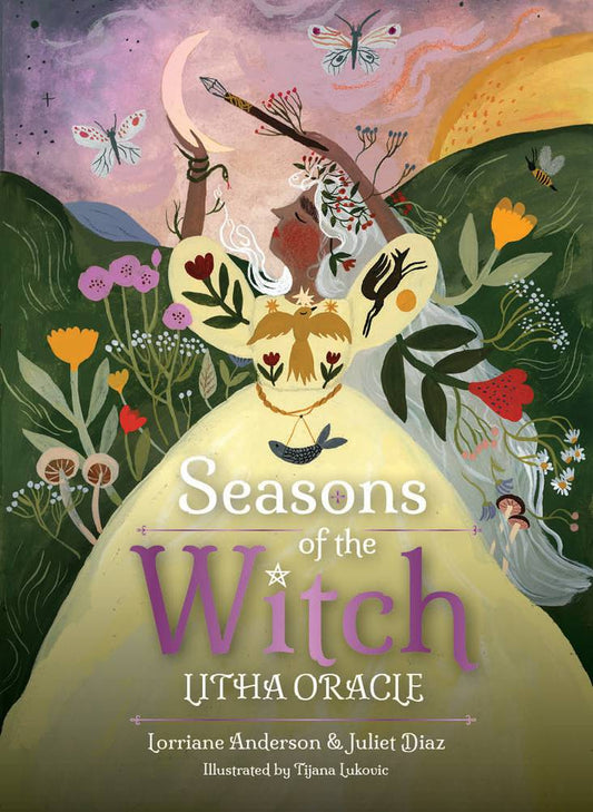  cover of 'Seasons of the Witch Llitha Oracle' with a stylized illustration of a witch and nature elements.