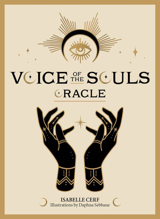 cover of 'Voice of the Souls Oracle' by Isabelle Cerf with hands and eye design on a beige background