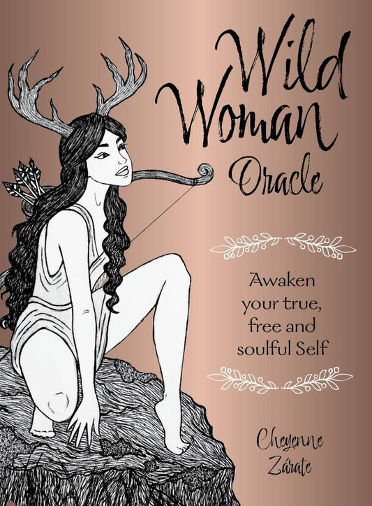  cover of 'Wild Woman Oracle' with a black and white illustration of a woman with antlers on a brown background.