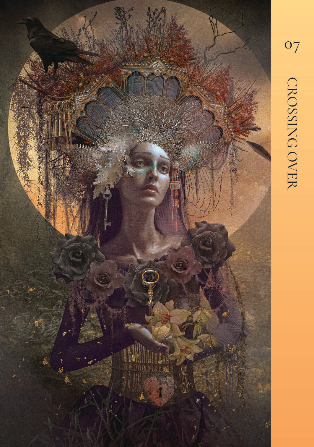 Artistic cover with a stylized woman, flowers, and a bird, titled 'Crossing Over'.