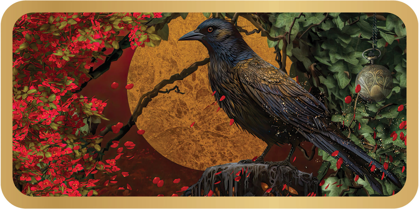 Bird perched on a branch with a red flower and green leaves in the background