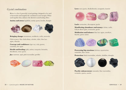 Illustration of crystals with their corresponding healing properties on a beige background.