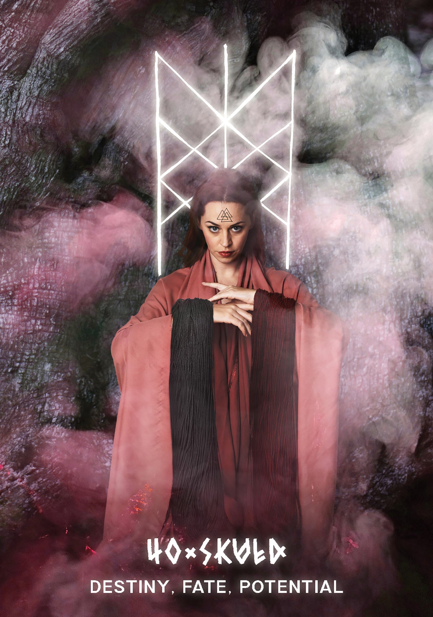 Woman in a red robe with a mystical symbol and text 'HOxSKULD' in a fantasy setting.