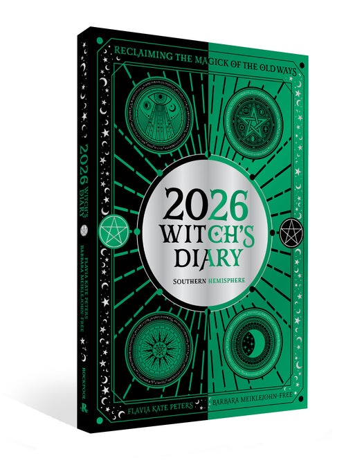 Green diary titled '2026 Witch's Diary' with witchcraft symbols on a white background
