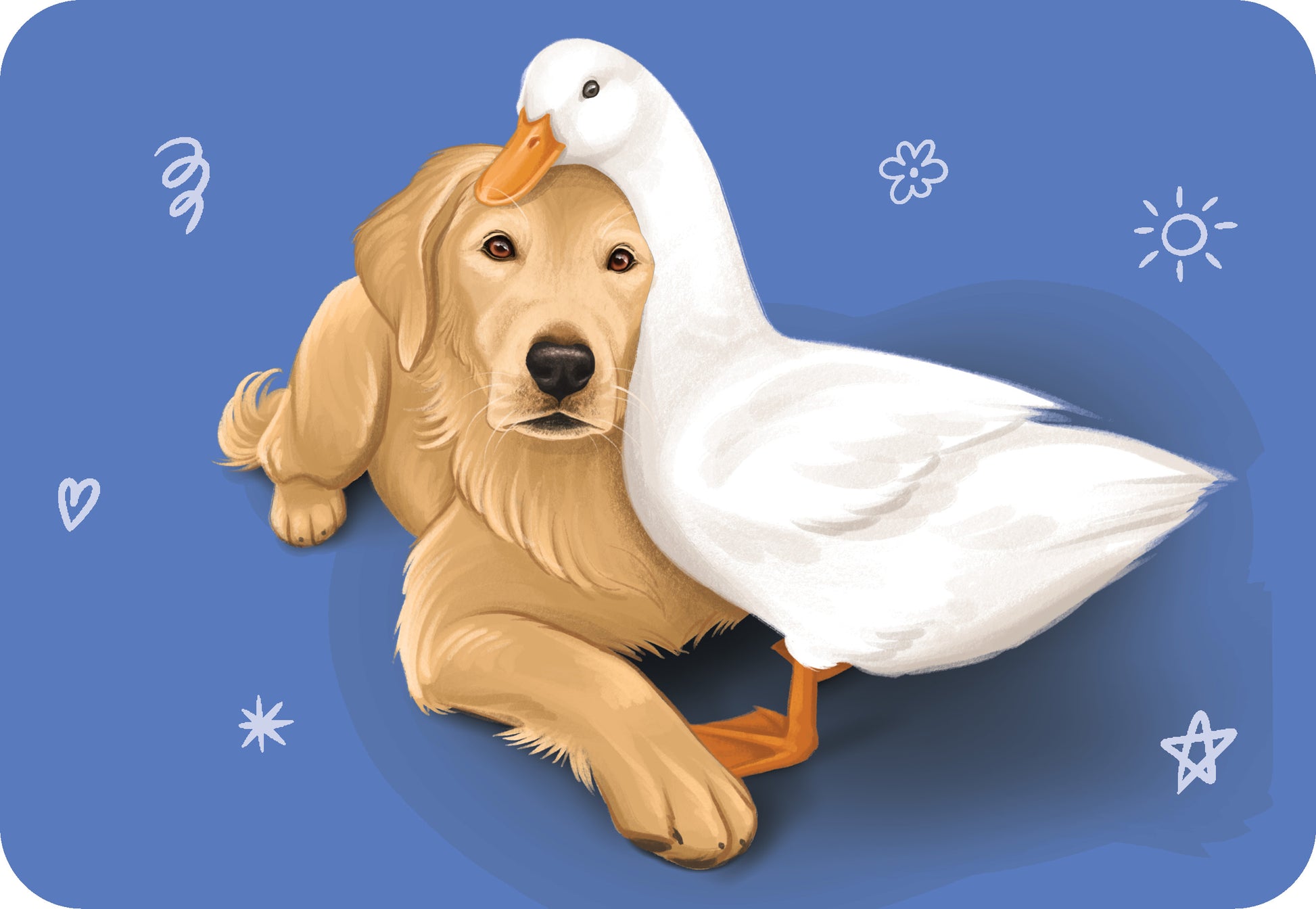 Illustration of a dog and a duck on a blue background with decorative elements.