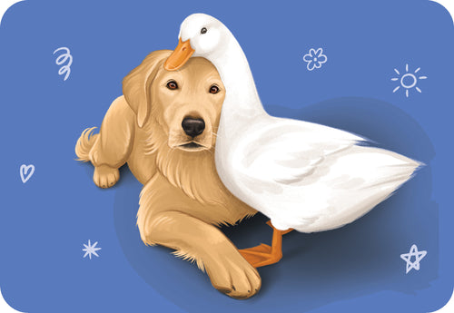 Illustration of a dog and a duck on a blue background with decorative elements.