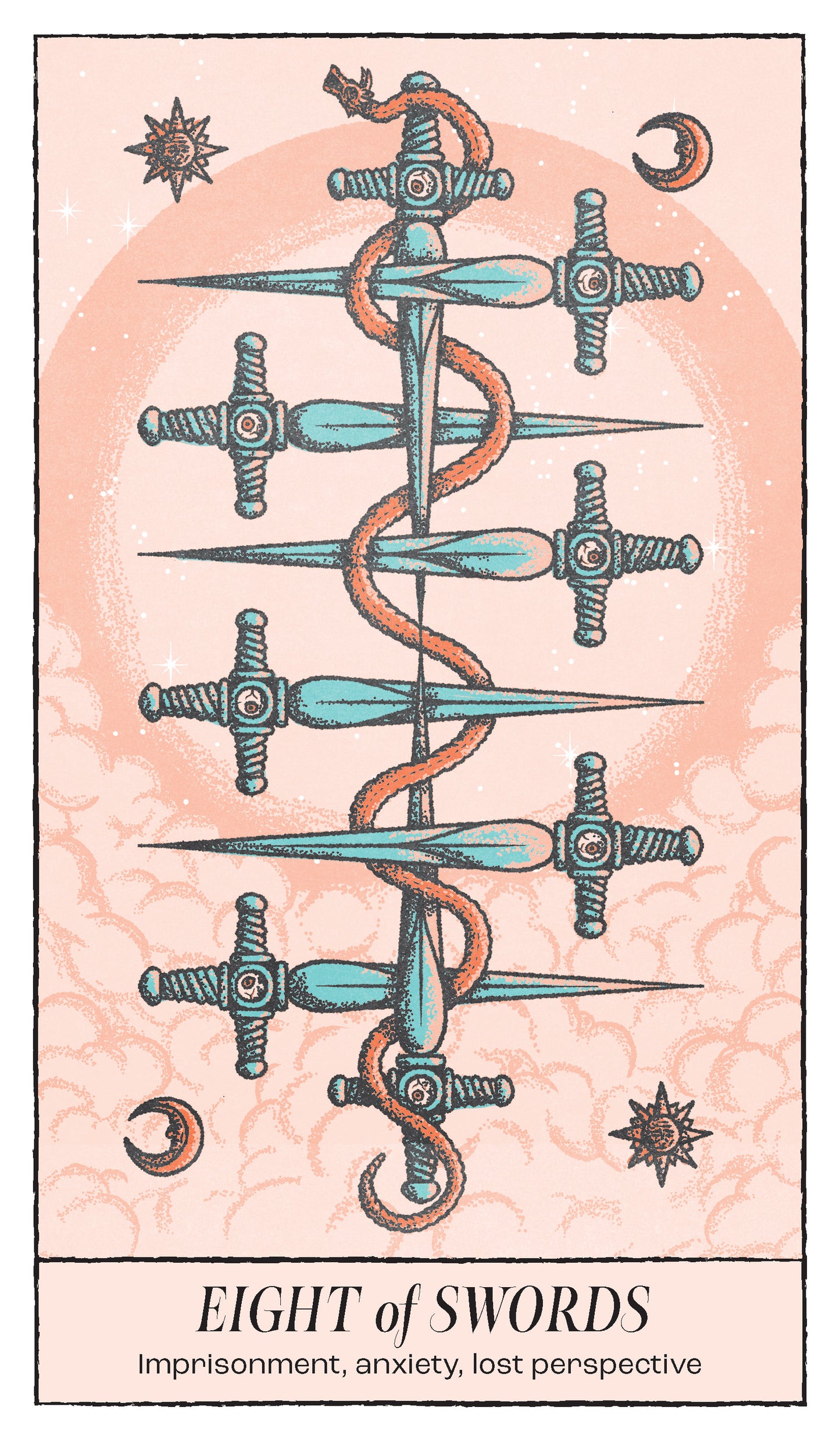 Tarot card featuring eight swords on a pink background with astrological symbols.