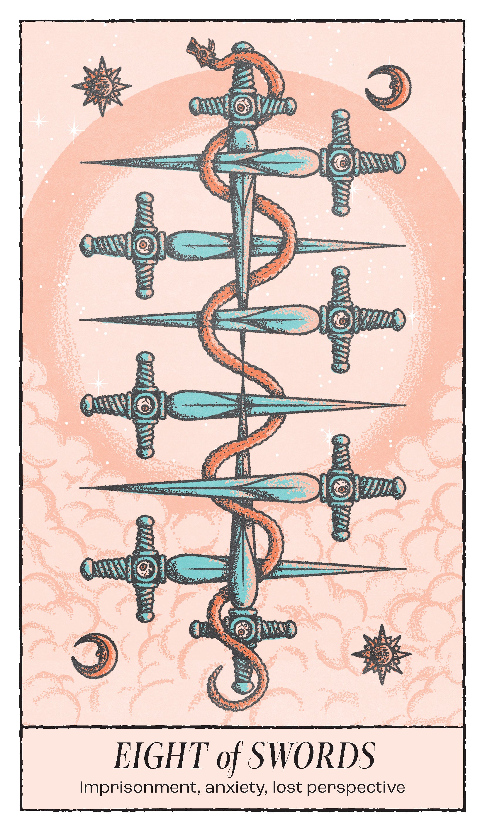 Tarot card featuring eight swords on a pink background with astrological symbols.