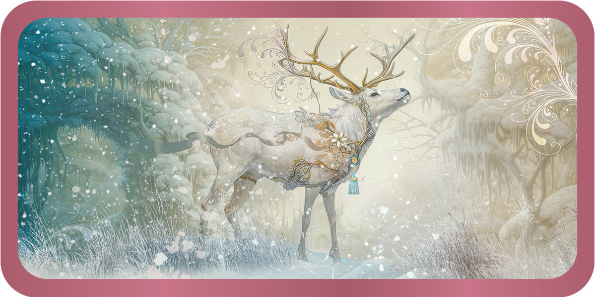 Decorative mat with a deer in a snowy landscape and pink border
