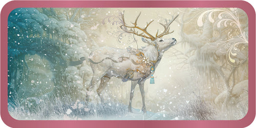 Decorative mat with a deer in a snowy landscape and pink border