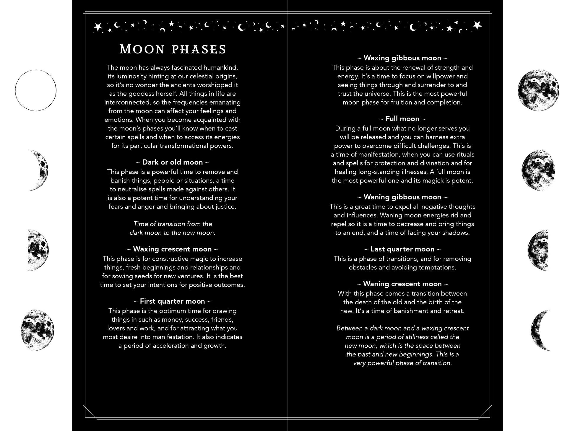page about moon phases with text and illustrations on a black background