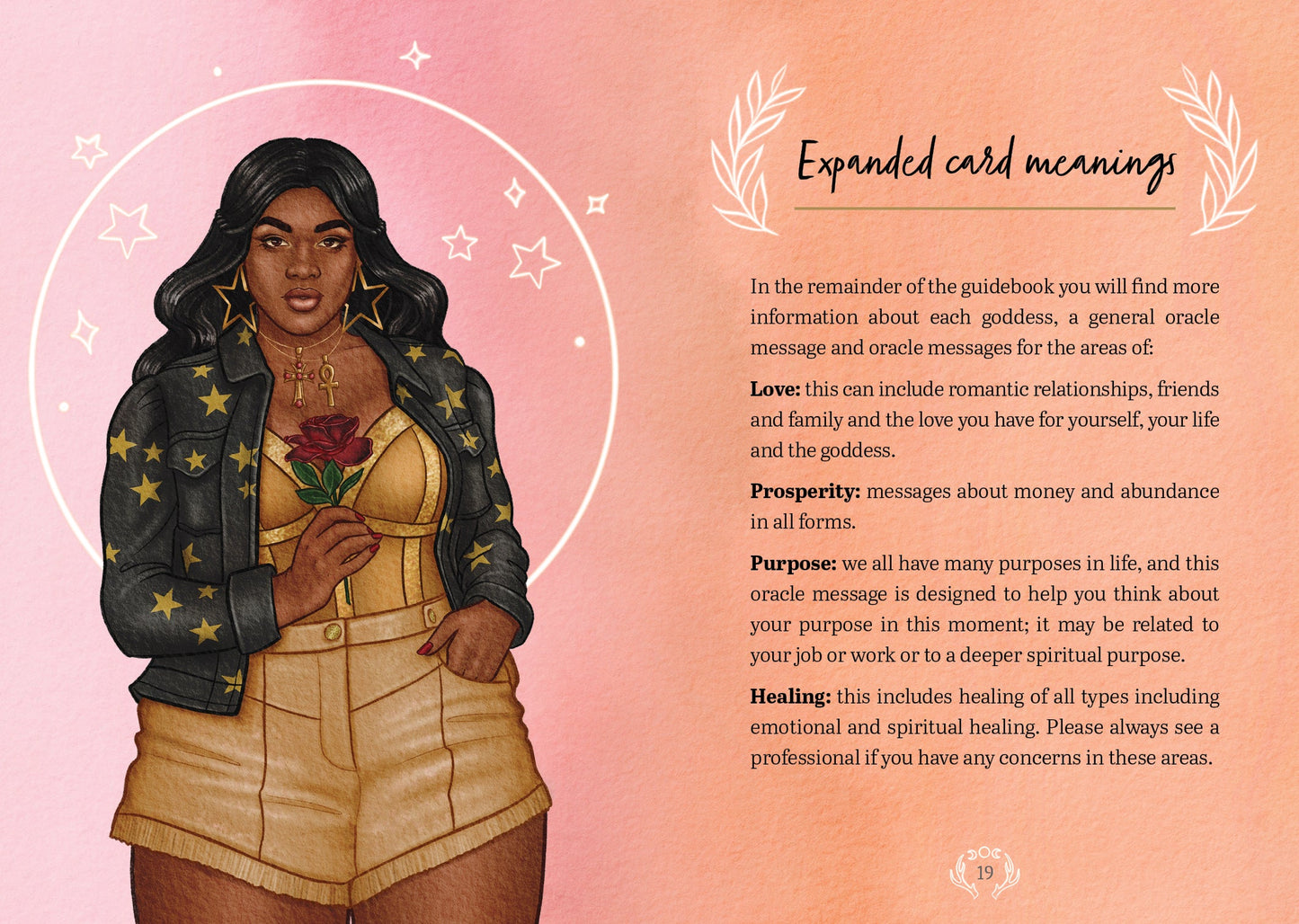 Illustration of a woman holding a rose with expanded card meanings text on a pink background
