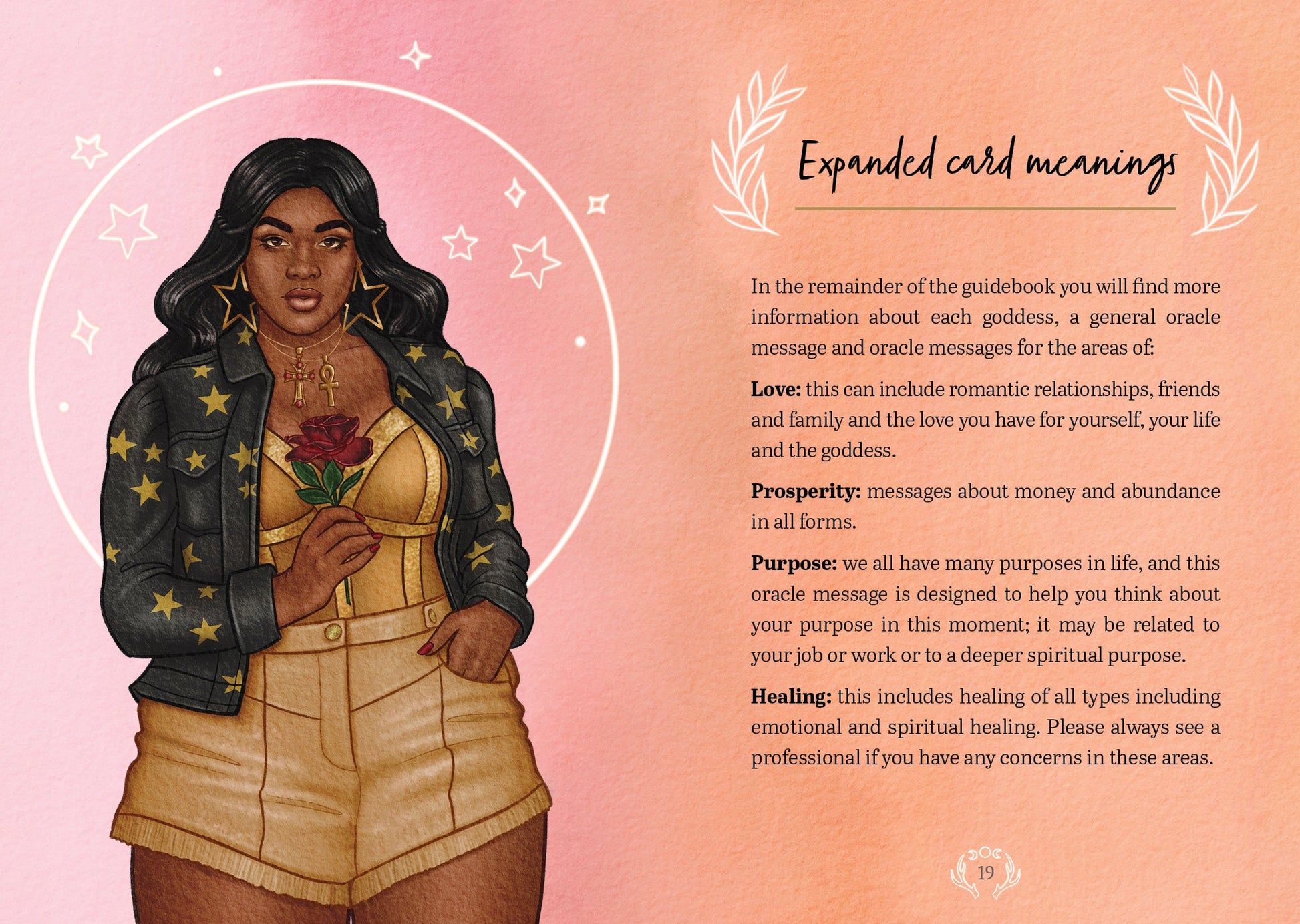 Illustration of a woman holding a rose with expanded card meanings text on a pink background