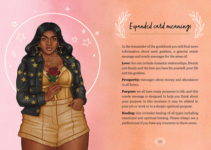 Illustration of a woman holding a rose with expanded card meanings text on a pink background