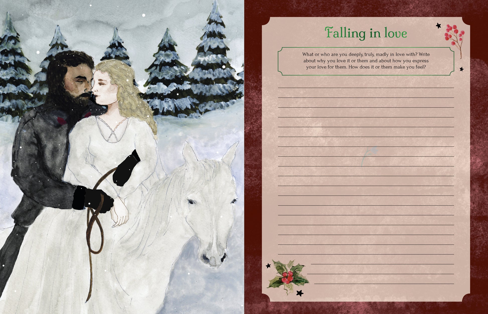 Winter scene with a couple on a white horse and a letter titled 'Falling in love' on a red background.