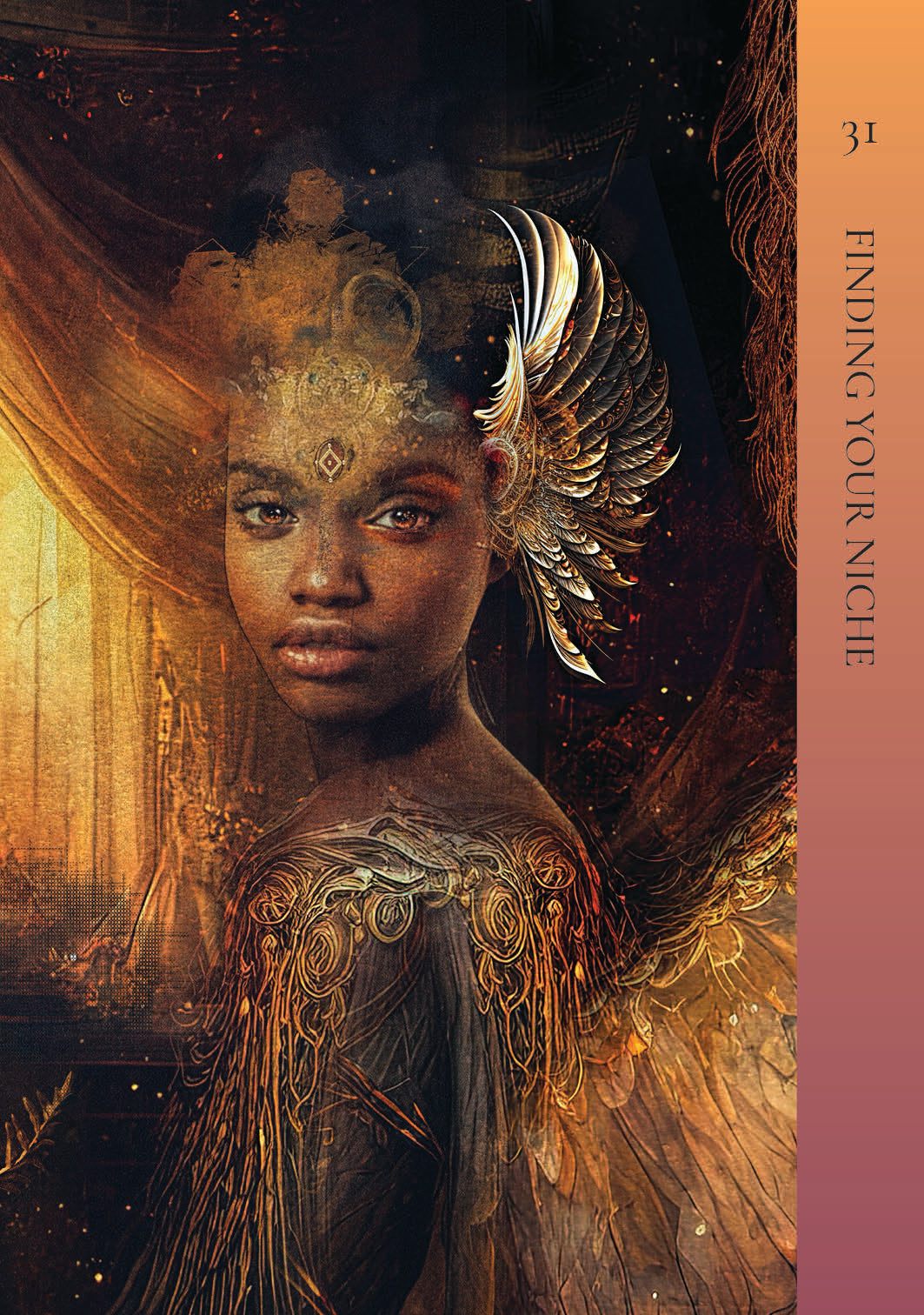 Book cover with a stylized illustration of a woman with angelic wings and a warm color palette.