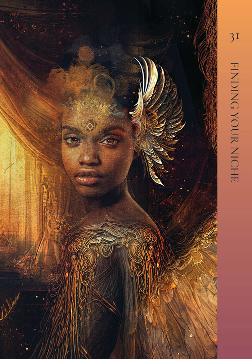 Book cover with a stylized illustration of a woman with angelic wings and a warm color palette.