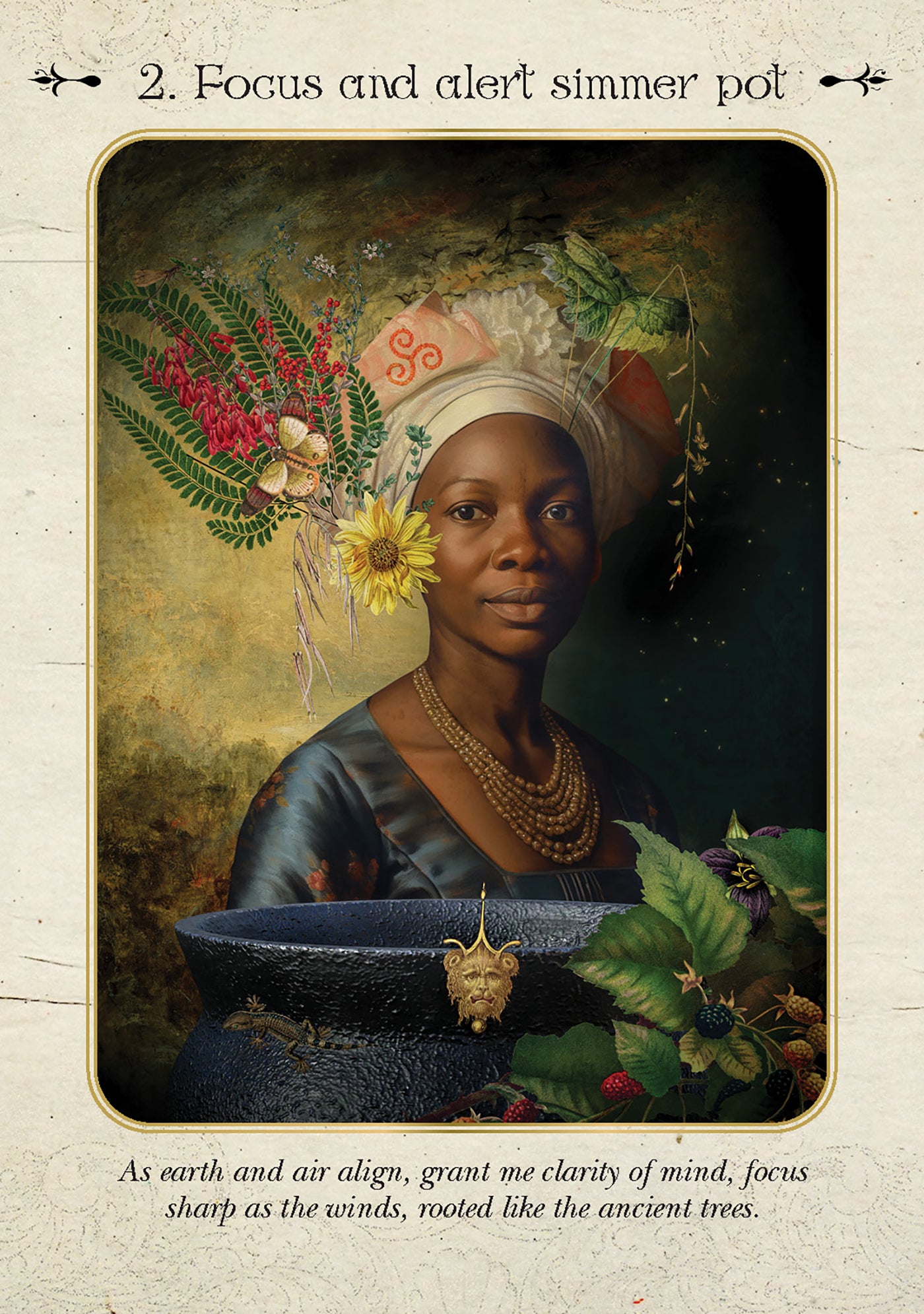 Portrait of a woman with flowers in her hair, surrounded by nature elements on a wooden surface.