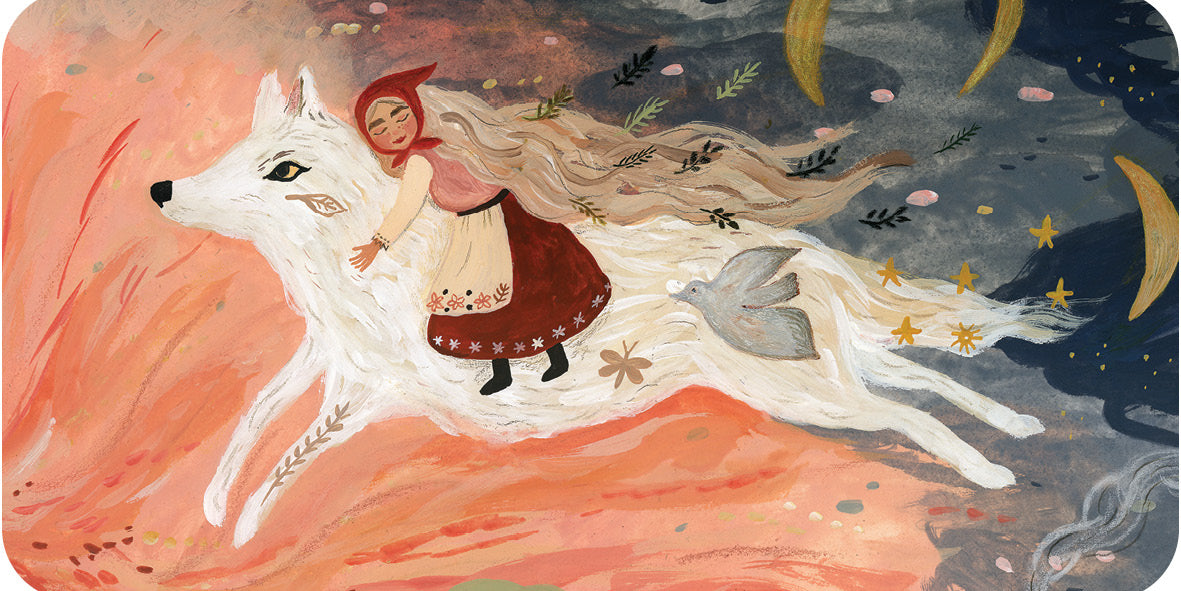 Illustration of a girl riding a white wolf with a fantasy landscape in the background