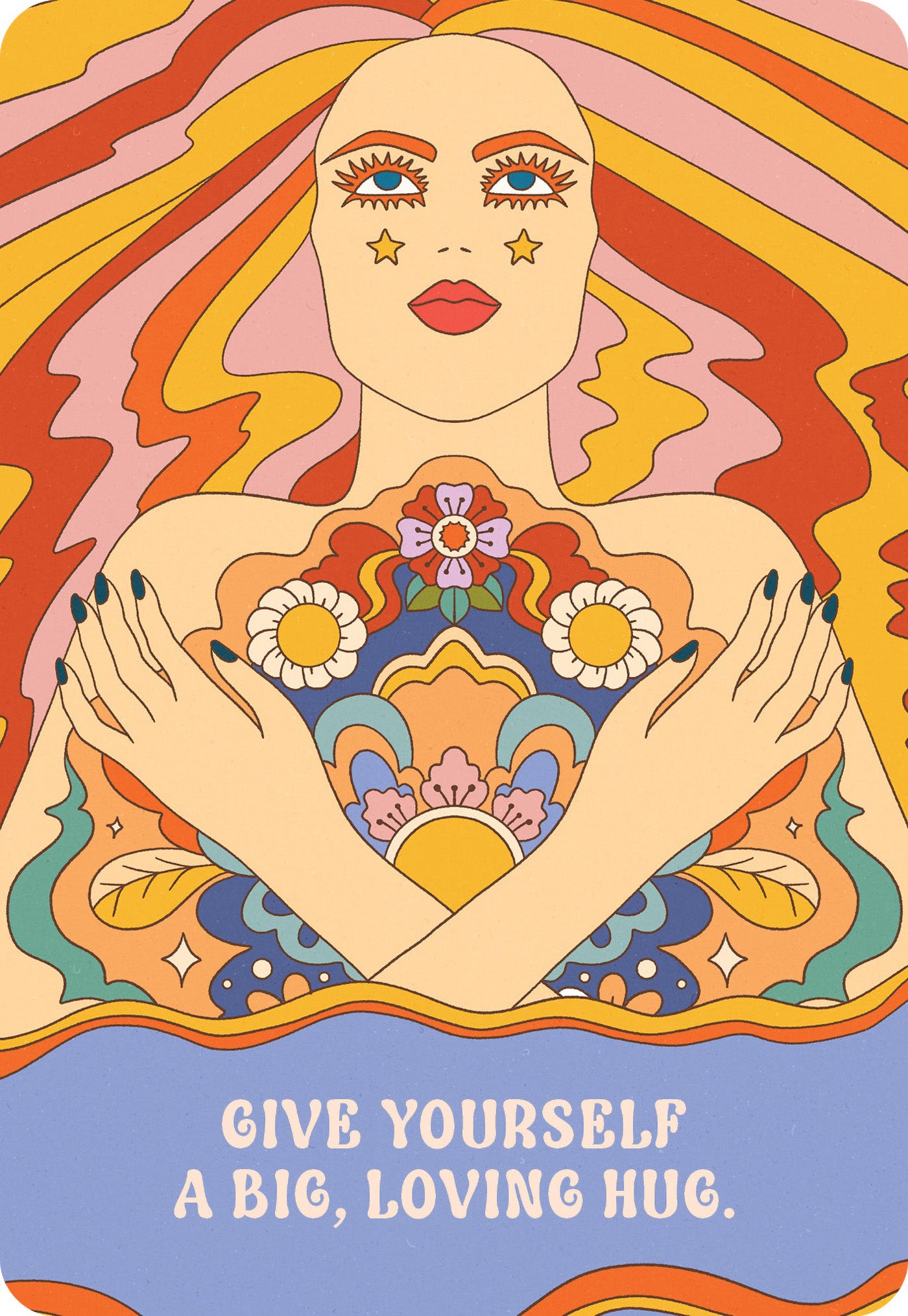 Colorful illustration of a woman with hands on her chest, surrounded by abstract patterns and text 'Give Yourself a Big, Loving Hug'.