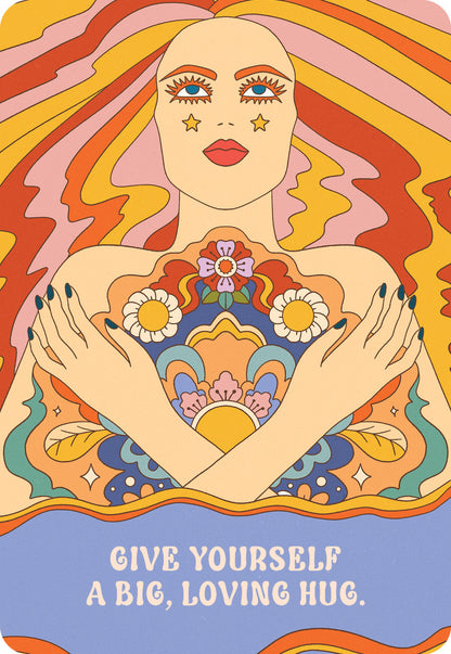 Colorful illustration of a woman with hands on her chest, surrounded by abstract patterns and text 'Give Yourself a Big, Loving Hug'.