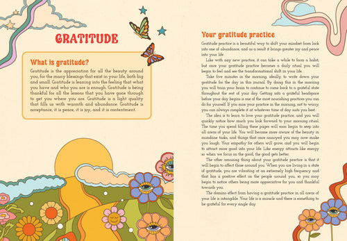 Colorful page from a book about gratitude with text and illustrations.