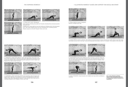 Illustrated workout guide with black and white images of people performing various exercises.