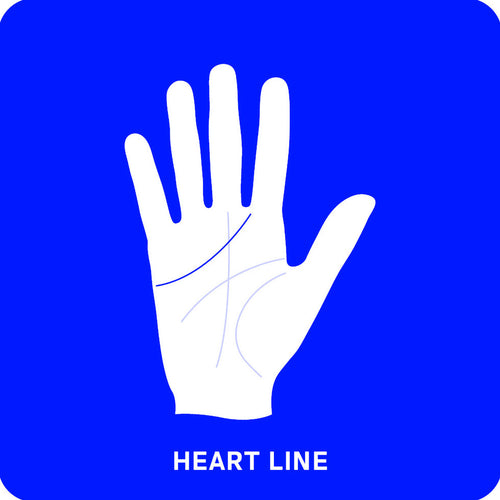 White hand with palm facing up on a blue background, highlighting the heart line.