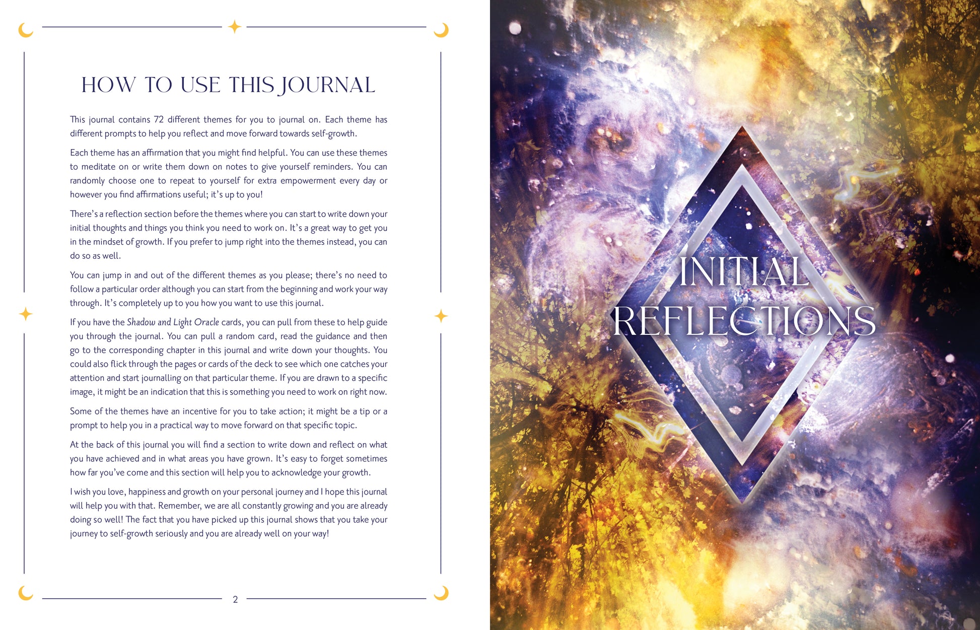 Journal with 'Initial Reflections' design on a cosmic background