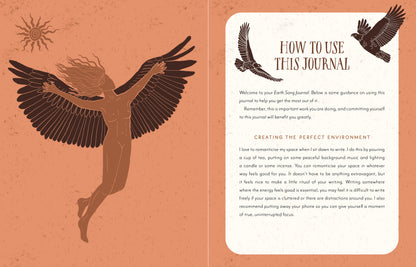 Open book with illustrations of a person with wings and an eagle, along with text on how to use the journal.