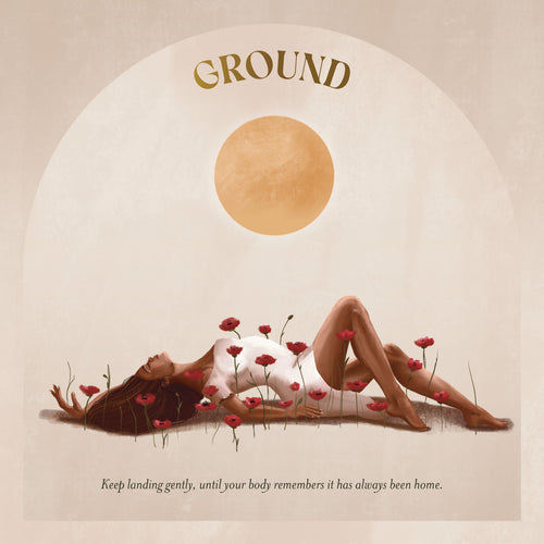 Artistic depiction of a person lying on the ground with flowers, titled 'GROUND'.