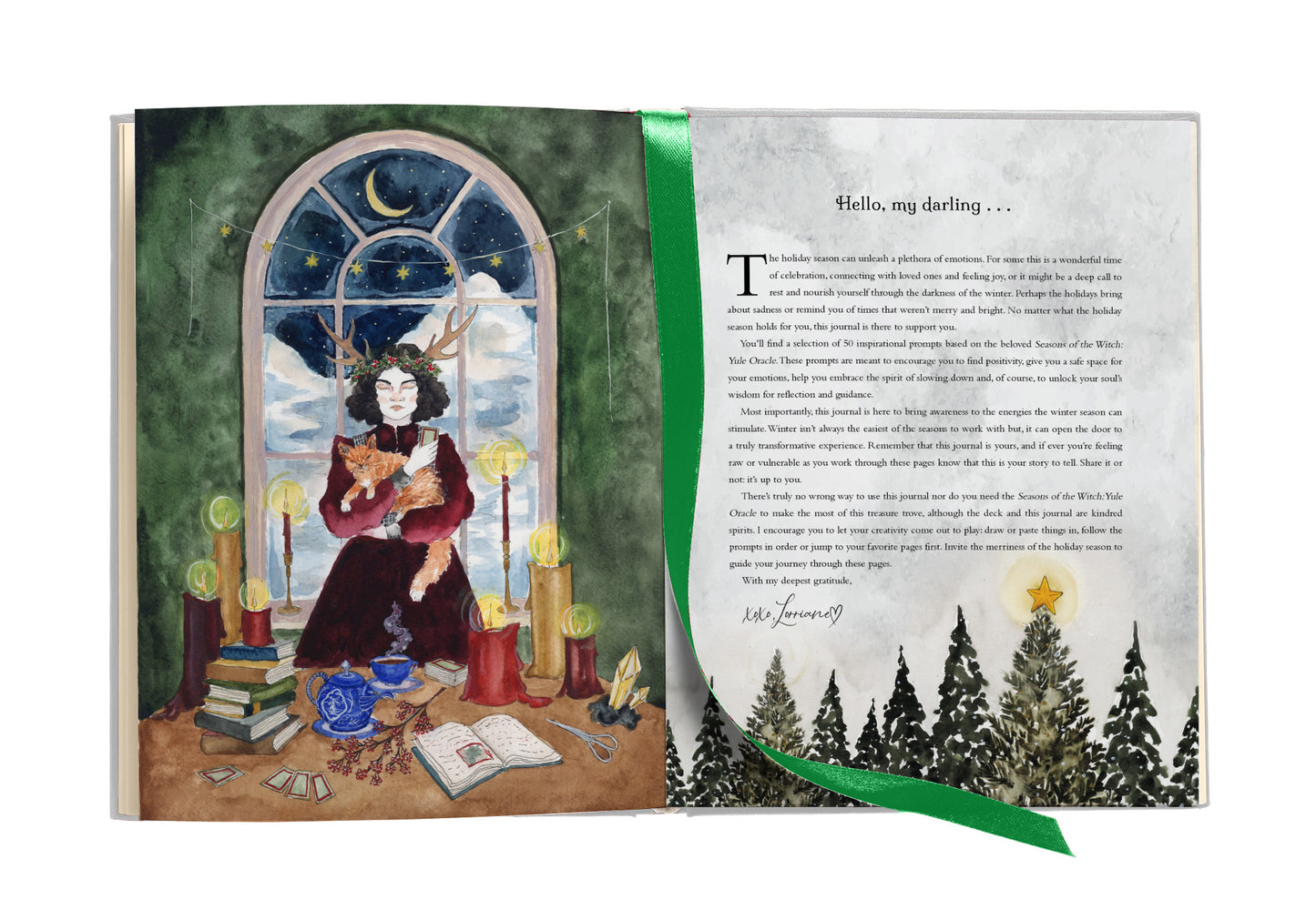 Illustrated book open to a page with a woman in a room and a snowy landscape on the next page.
