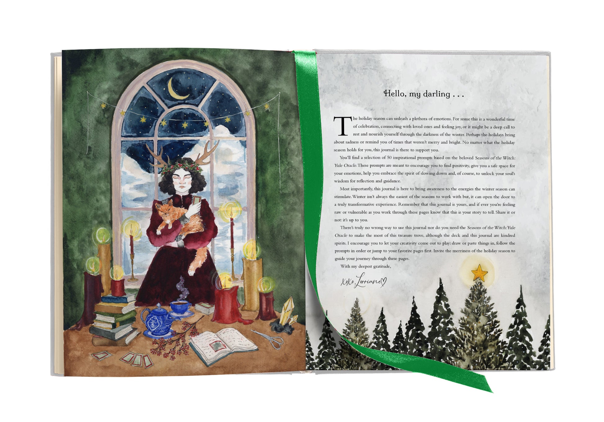 Illustrated book open to a page with a woman in a room and a snowy landscape on the next page.