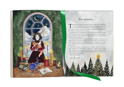 Illustrated book open to a page with a woman in a room and a snowy landscape on the next page.