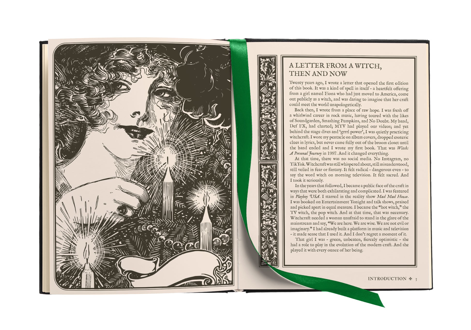 Open book with black and white illustration of a woman holding a candle and text on a white background