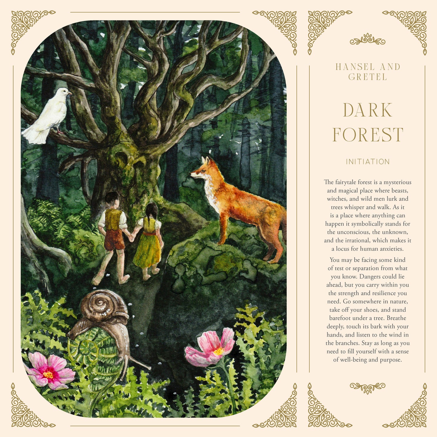 Illustration of Hansel and Gretel in a dark forest with a fox, snail, and flowers.