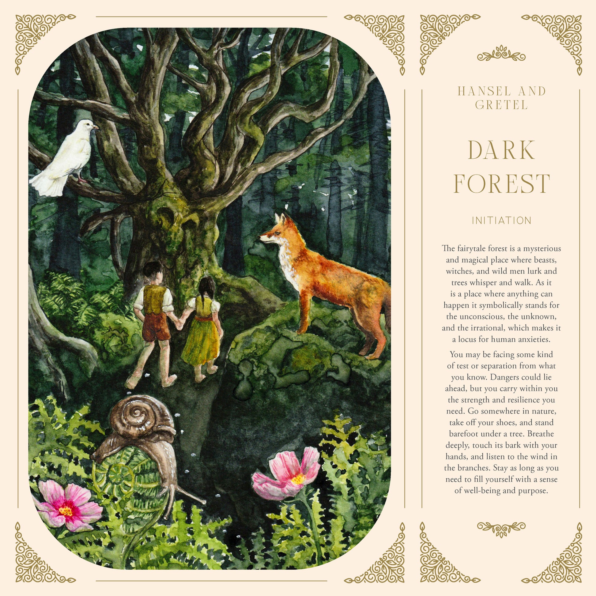 Illustration of Hansel and Gretel in a dark forest with a fox, snail, and flowers.