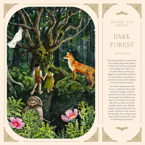 Illustration of Hansel and Gretel in a dark forest with a fox, snail, and flowers.