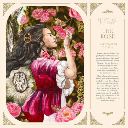 Illustration of a woman holding a rose with text about 'Beauty and the Beast: The Rose'.