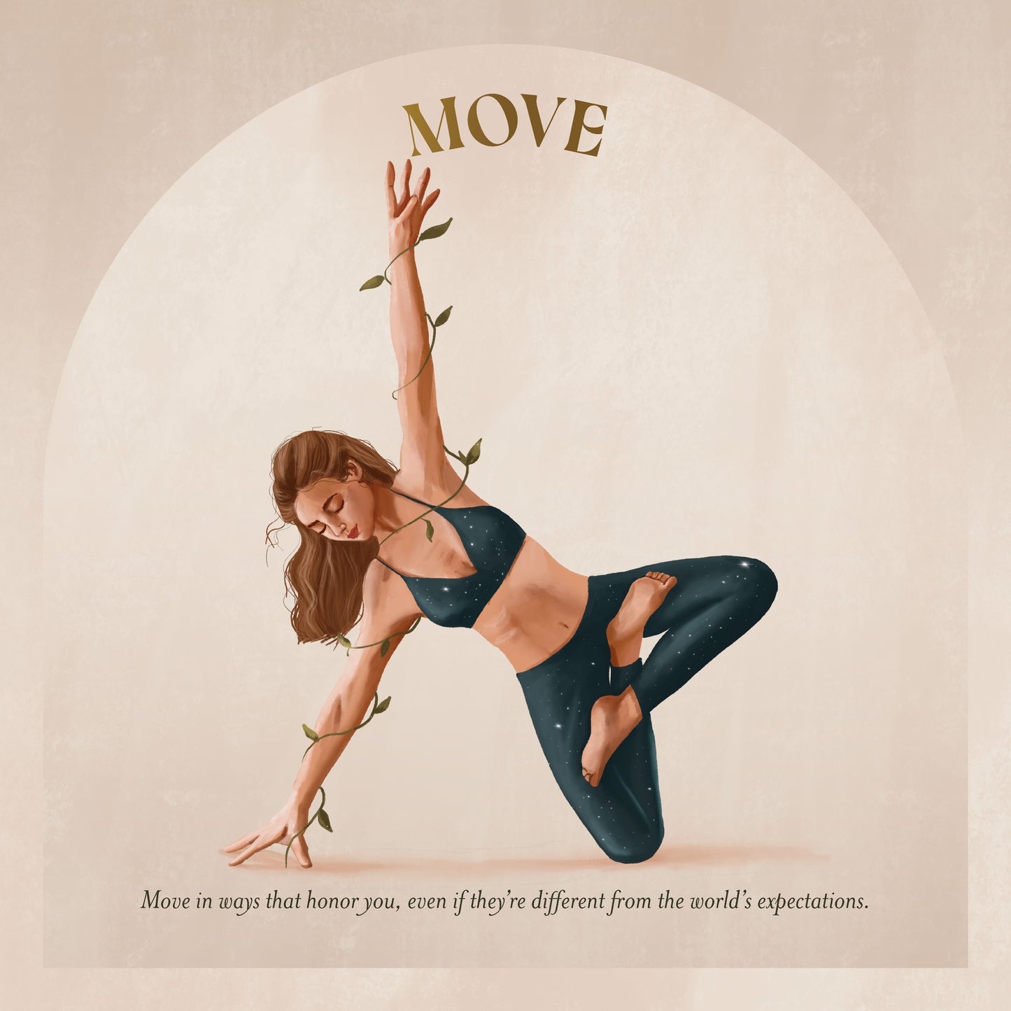 Woman in a yoga pose with 'MOVE' text and motivational quote on a beige background