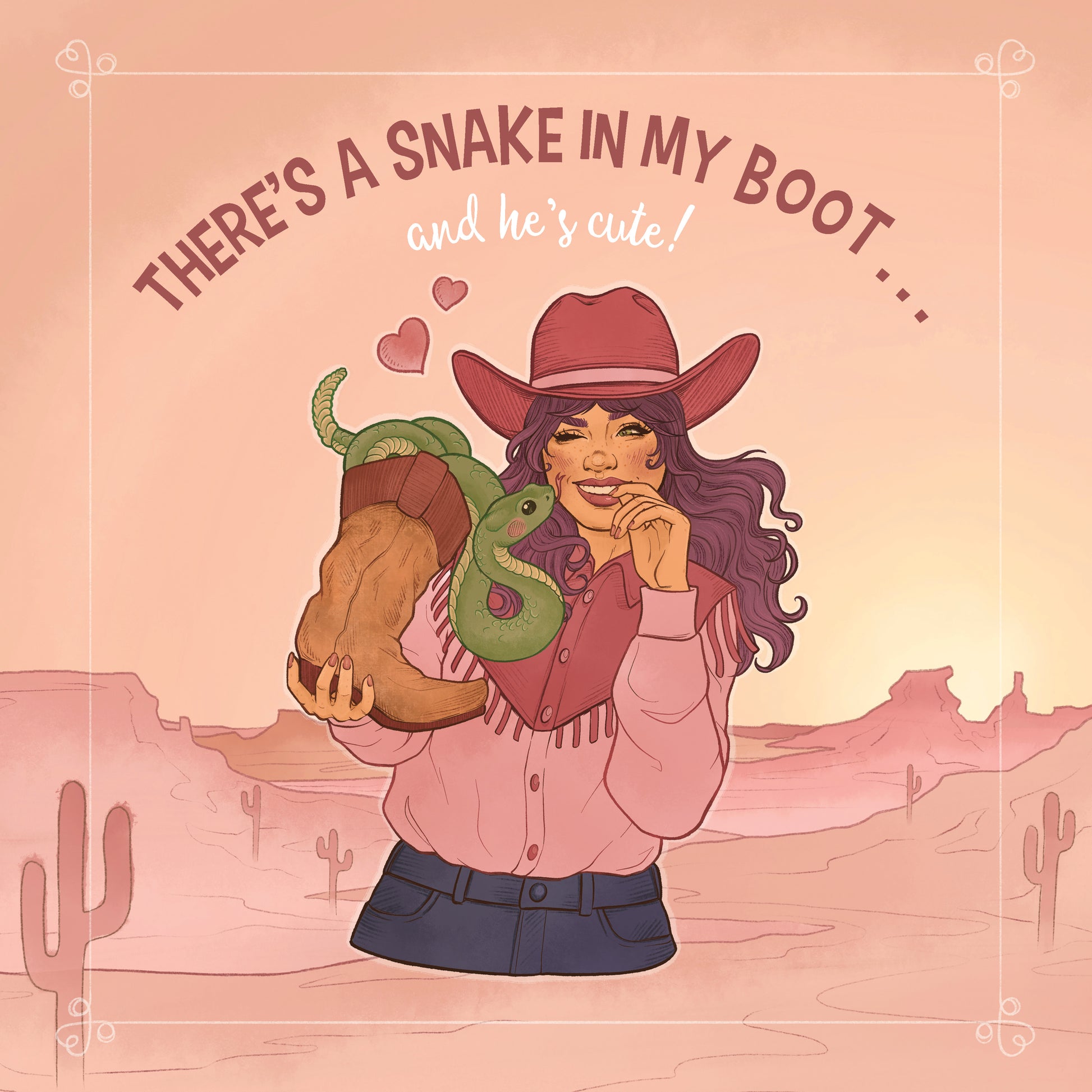Illustration of a person in a cowboy hat holding a boot with a snake, set against a desert landscape.
