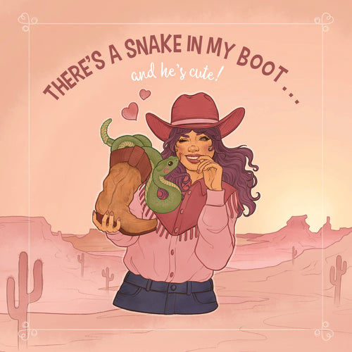 Illustration of a person in a cowboy hat holding a boot with a snake, set against a desert landscape.