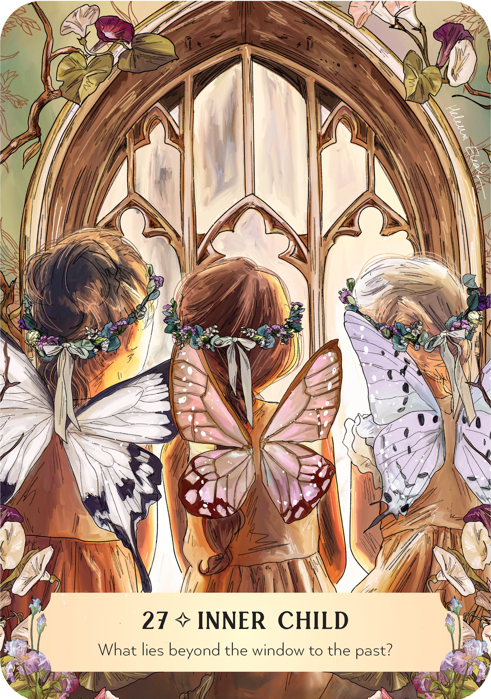 Illustration of three fairy-like figures with butterfly wings in front of a stained glass window, with text '27 Inner Child' at the bottom.