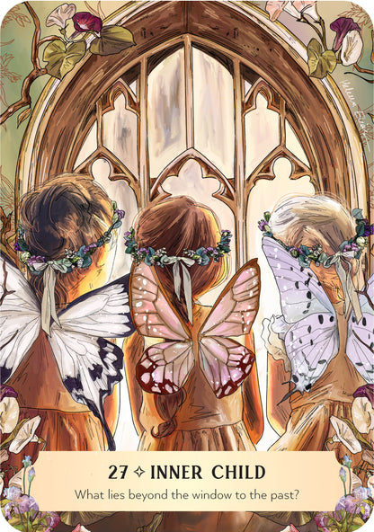 Illustration of three fairy-like figures with butterfly wings in front of a stained glass window, with text '27 Inner Child' at the bottom.