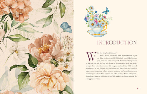 Floral illustration with a teacup and flowers on a beige background