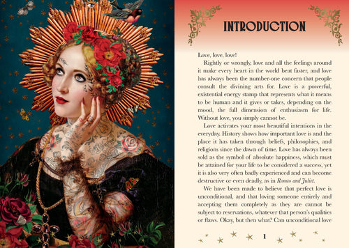 Decorative book page with an illustration of a woman adorned with flowers and text on love.