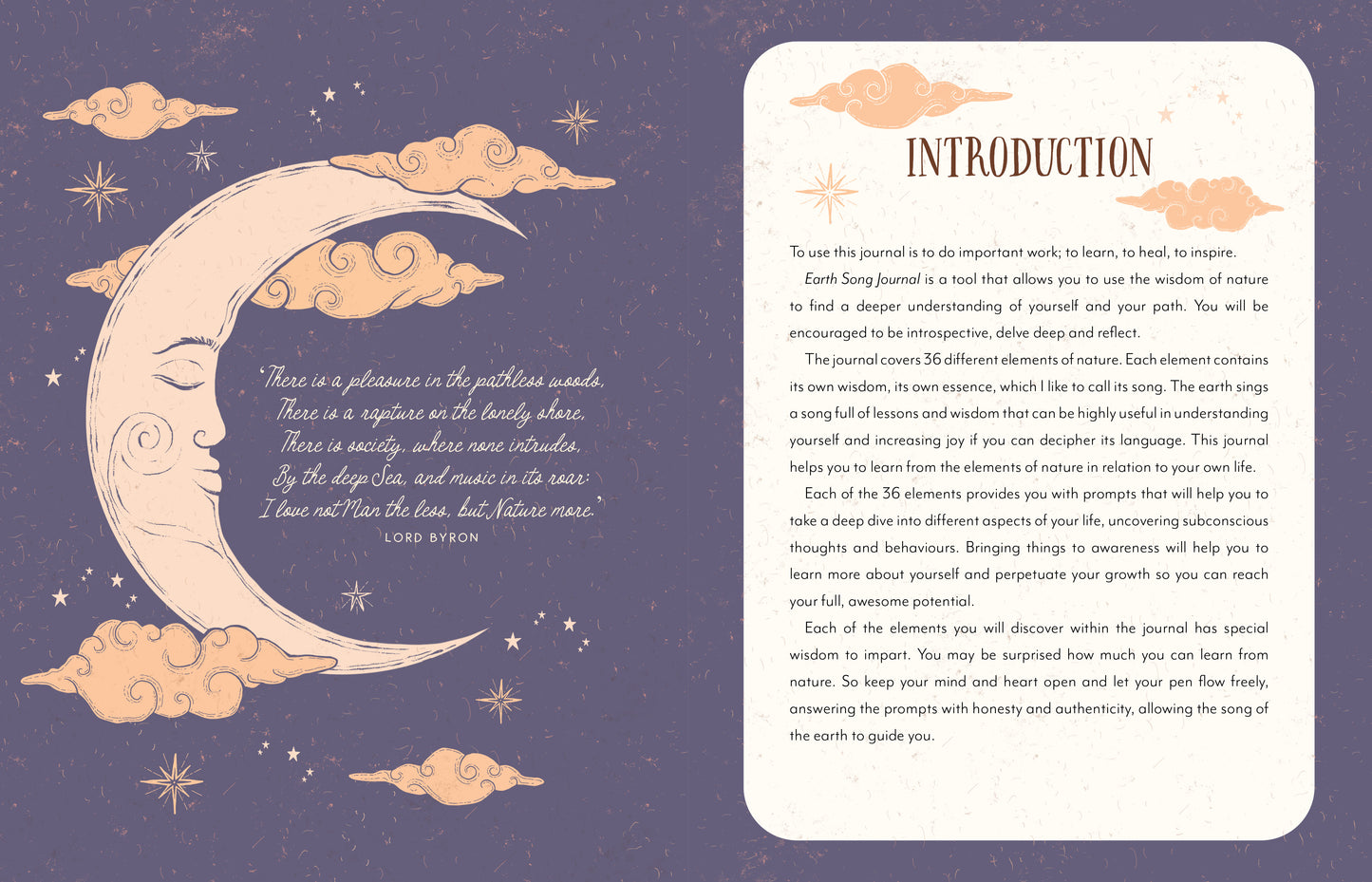 Decorative moon and cloud design with text on a purple background