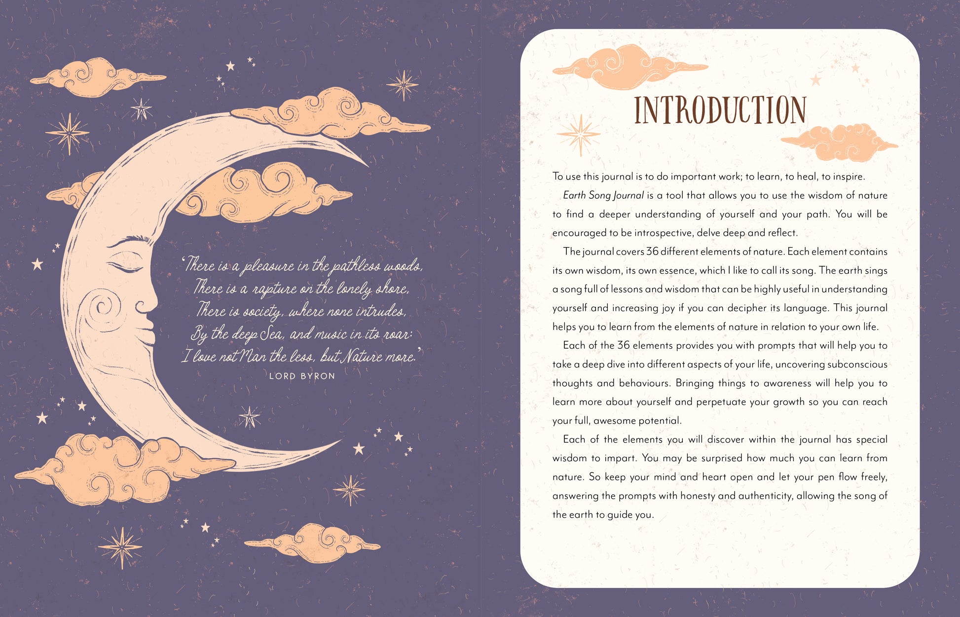 Decorative moon and cloud design with text on a purple background