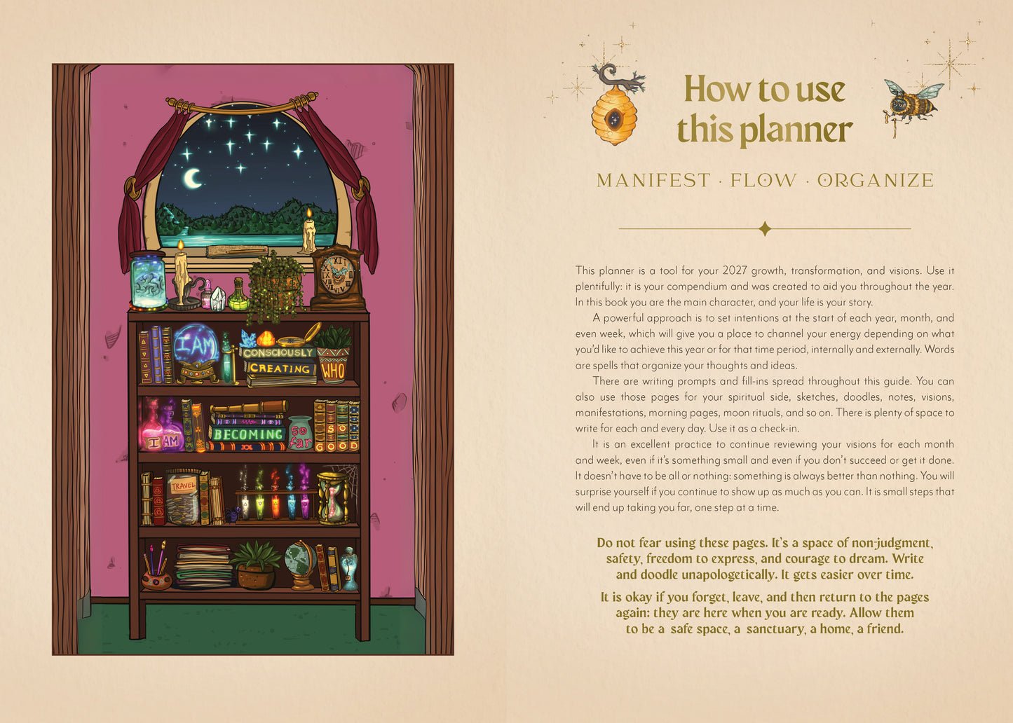 Planner with a colorful interior design and text on how to use it.