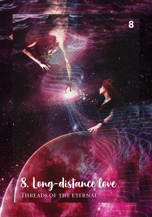 Cover of a book titled '8. Long-distance love' from 'Threads of the Eternal' series, featuring two people reaching towards each other with a cosmic background.